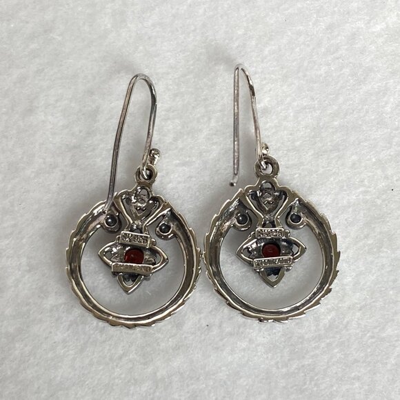 Sterling Silver 925 SX Thailand Garnet Scrollwork Dangle Drop Earrings - Picture 14 of 16